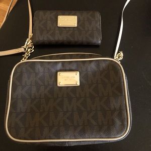 Michael Kors purse , brown leather with MK monogram & matching wallet